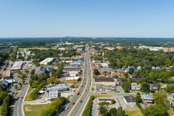 Aerial view of Route 355 (N. Frederick Ave.) in Gaithersburg, Montgomery County, Maryland. Sugarloaf Mountain is on the horizon.