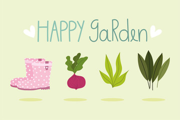 happy garden, beet plant leaves and boots, banner