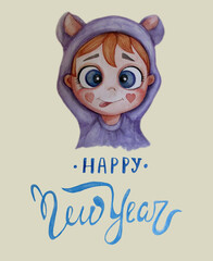 Cute baby card. Lettering - Happy New Year. Funny kid in the hood of cozy purple kigurumi pajamas . Watercolor And colored pencils. hand drawing. Childrens collection. For Christmas design
