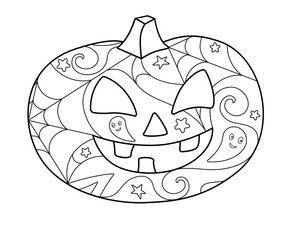 Halloween pumpkin - Nantistress coloring - vector linear picture for coloring. Pumpkin with carved face - with anti-stress patterns. Outline. Element for coloring book Jack Lantern.