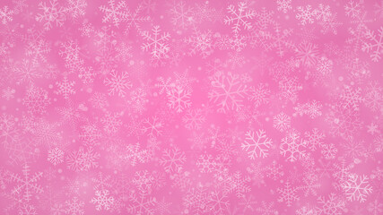 Christmas background of snowflakes of different shapes, sizes and transparency in pink colors