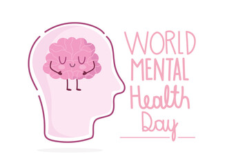 world mental health day, human head cartoon brain and hand drawn lettering