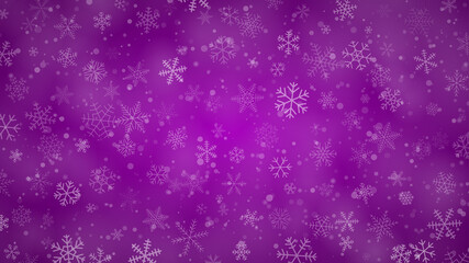 Christmas background of snowflakes of different shapes, sizes and transparency in purple colors