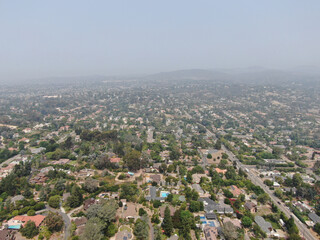 Thick haze and smog over San Diego due to wildfire in California. USA. Air pollution.