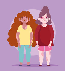 perfectly imperfect, young women cartoon with vitiligo disease skin