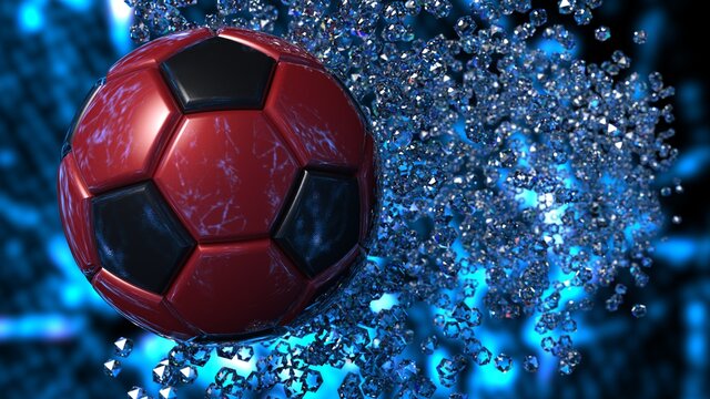 Red-Black Soccer Ball with diamond particles under blue flare lighting. 3D illustration. 3D CG. 3D high quality rendering.