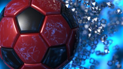 Naklejka premium Red-Black Soccer Ball with diamond particles under blue flare lighting. 3D illustration. 3D CG. 3D high quality rendering.