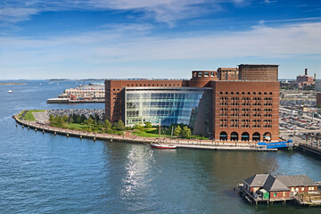 Busy Boston Harbor around the Moakley Federal Courthouse