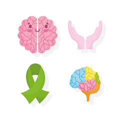 world mental health day, cartoon brain ribbon hands support icons