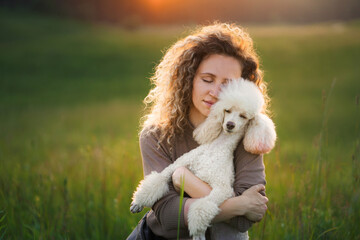 nice woman and dog on a field at sunset. Walking with pet in nature