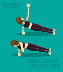 Side Plank Rotation Body Workout Exercise Set Manga Cartoon Vector