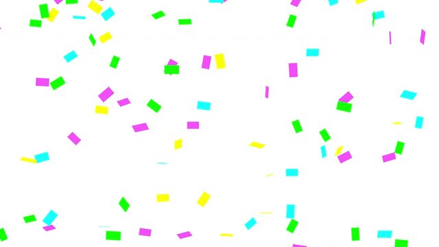 Video of four colors of confetti falling on a white background