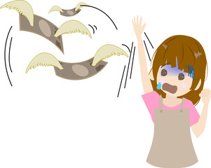 羽の生えたお金を必死で追いかける可愛い主婦のイラスト