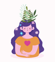 world mental health day, girl with foliage leaves inside brain