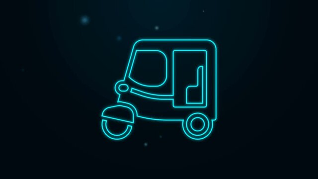 Glowing neon line Taxi tuk tuk icon isolated on black background. Indian auto rickshaw concept. Delhi auto. 4K Video motion graphic animation