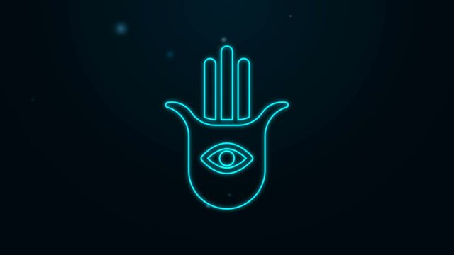 Glowing neon line Hamsa hand icon isolated on black background. Hand of Fatima - amulet, symbol of protection from devil eye. 4K Video motion graphic animation