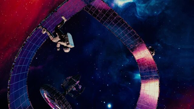 Trippy futuristic sci-fi 3D animation of the astronauts running endlessly on a Mobius strip. Deep space seamless loop with infinity concept for intro, VJ, EDM music video. Stylized 4k video background