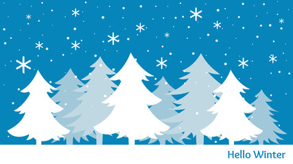 Forest landscape, blue silhouettes of coniferous trees. Christmas and New Year background. Snow winter landscape. Hand drawn pine forest textured card. Vector illustration