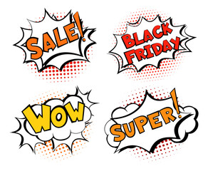 Black Friday Speech bubble comic sale template set. Poster retro design font, label explosion, cloud. Text, dialog clouds halftone dot background. Advertising sales, promotion, cartoon discount