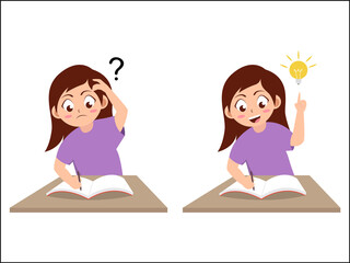little girl confused doing homework with question mark and get an idea with light bulb, little girl thinking, cartoon vector illustration on white background