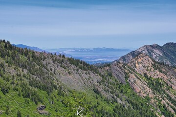 Lake Blanche forest and mountain landscape views from trail. Wasatch Front Rocky Mountains, Twin Peaks Wilderness,  Wasatch National Forest in Big Cottonwood Canyon in Salt Lake County Utah. 