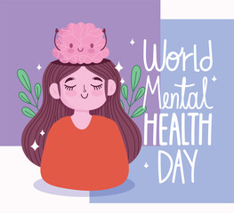 world mental health day, portrait girl with brain cartoon poster