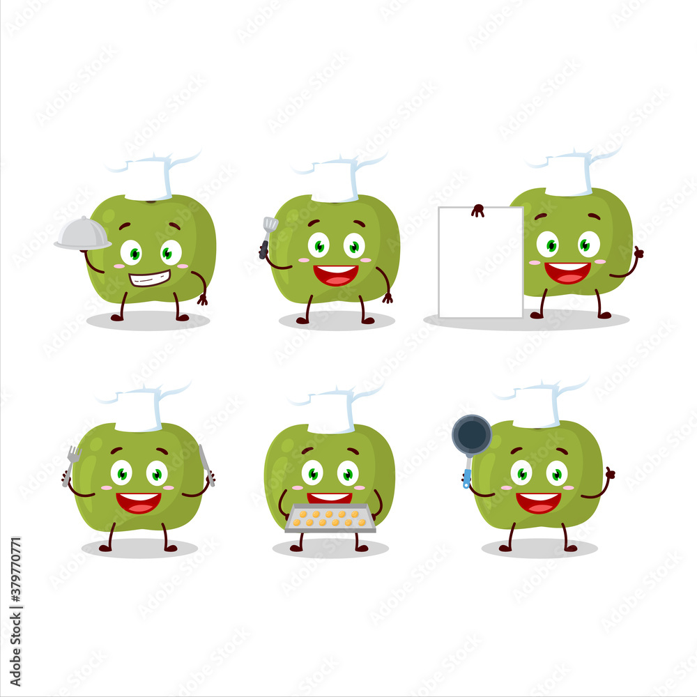 Wall mural Cartoon character of green apple with various chef emoticons