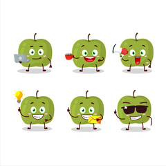 Green apple cartoon character with various types of business emoticons
