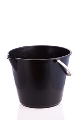 Black Plastic Bucket For Household Cleaning - On White Background.