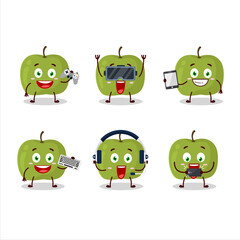 Green apple cartoon character are playing games with various cute emoticons