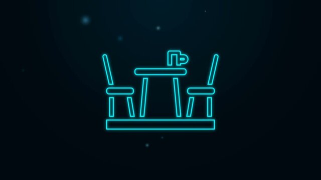 Glowing neon line French cafe icon isolated on black background. Street cafe. Table and chairs. 4K Video motion graphic animation
