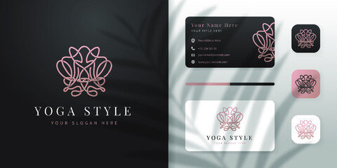 minimalist yoga line art logo design with business card and icon template