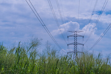high voltage cable with blue sky and cloud background
