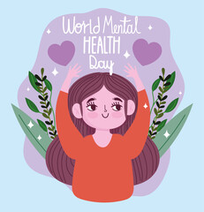 world mental health day, happy girl leaves hearts love
