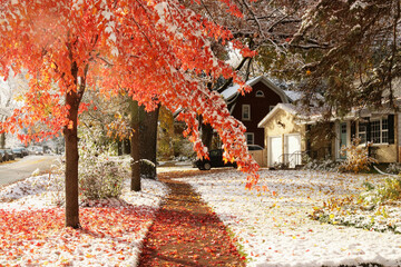 Early snow background, climate changing concept. Scenic morning landscape with autumn bright color trees and street covered by fresh first snow in the private houses residential neighborhood. 