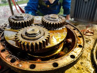 An electrician inspecting the tower crane system.