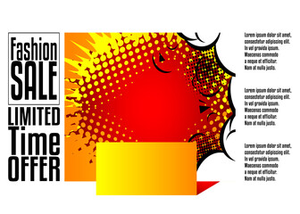 Comic book fashion sale social media post design. Cartoon colored poster template. Vector comics premium backdrop illustration.