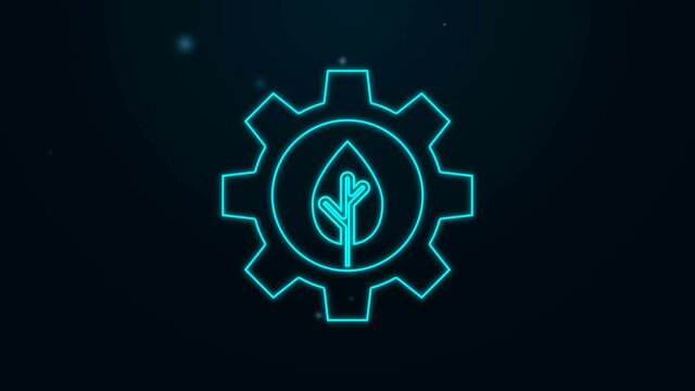 Glowing neon line Leaf plant ecology in gear machine icon isolated on black background. Eco friendly technology. World Environment day label. 4K Video motion graphic animation