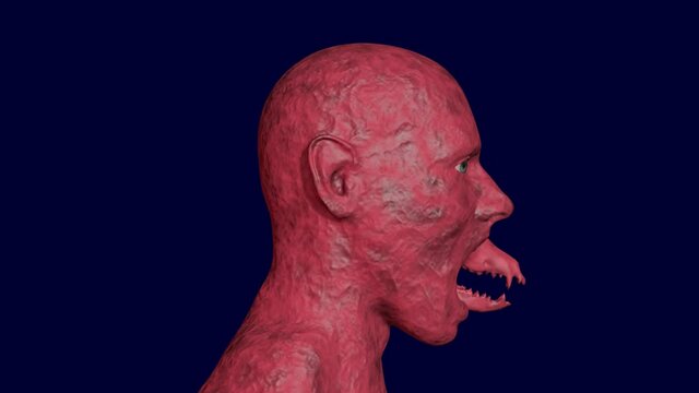 Humanoid being transforming into  monster with large jaw and pointy teeth. Burned red black skin with thin veins. 3d  animation rendering. Isolated on solid dark blue background for chroma keying