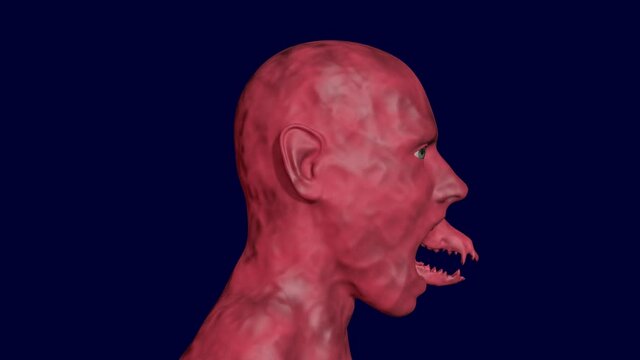 Humanoid being transforming into  monster with large jaw and pointy teeth. Smooth red skin with thick large  veins. 3d  animation rendering. Isolated on solid dark blue background for chroma keying