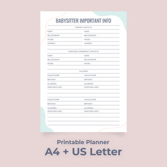 Minimalist Babysitter Important Info Printable, Date Night Contact Sheet, Sitting Phone Numbers
Custom planner pages template vector paper A4 and US Letter Ai, EPS 10