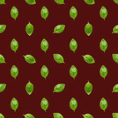 Italian Basil leaf herb seamless pattern on red background, Creative seamless pattern made from fresh green basil flat lay layout.