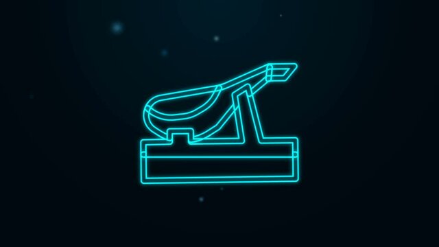 Glowing neon line Spanish jamon on the wooden jamonera icon isolated on black background. 4K Video motion graphic animation
