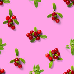 Lingonberry seamless pattern on pink background. Fresh cowberries or cranberries with leaves as seamless pattern for textile, fabric, print