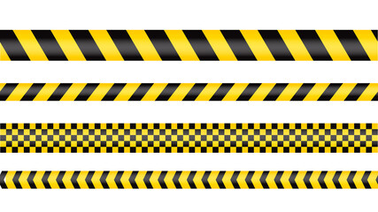 Police tape, crime danger line. Caution police lines isolated. Warning and barricade tapes. Set of yellow warning ribbons. Vector illustration.