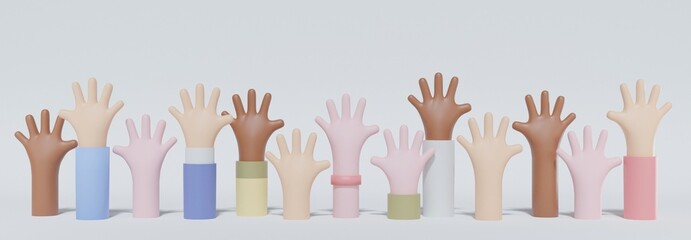 3d rendering illustration of diversity hand up for voting and volunteer concept.