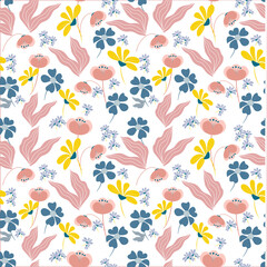 Blooming meadow seamless pattern. Trendy color for fashion. wallpapers, and print. A lot of flowers.  Ditsy style. Pressed flowers. 
