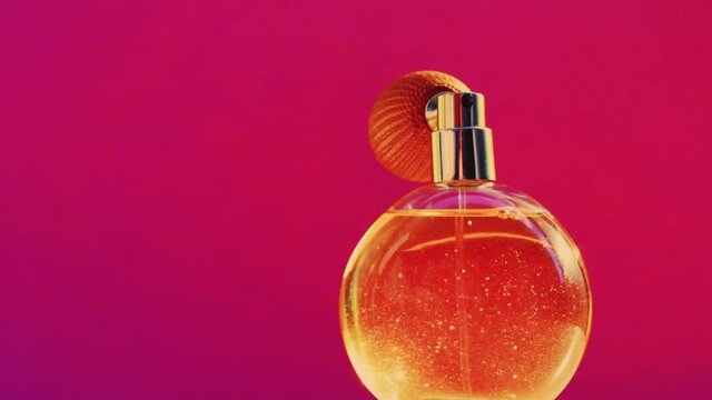Golden fragrance bottle and shining light flares on pink background, glamorous perfume scent as holiday perfumery product for cosmetic and beauty brand, stock footage