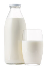 Glass bottle and cup of fresh milk isolated