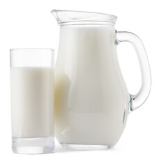 Glass jar and cup of fresh milk isolated
